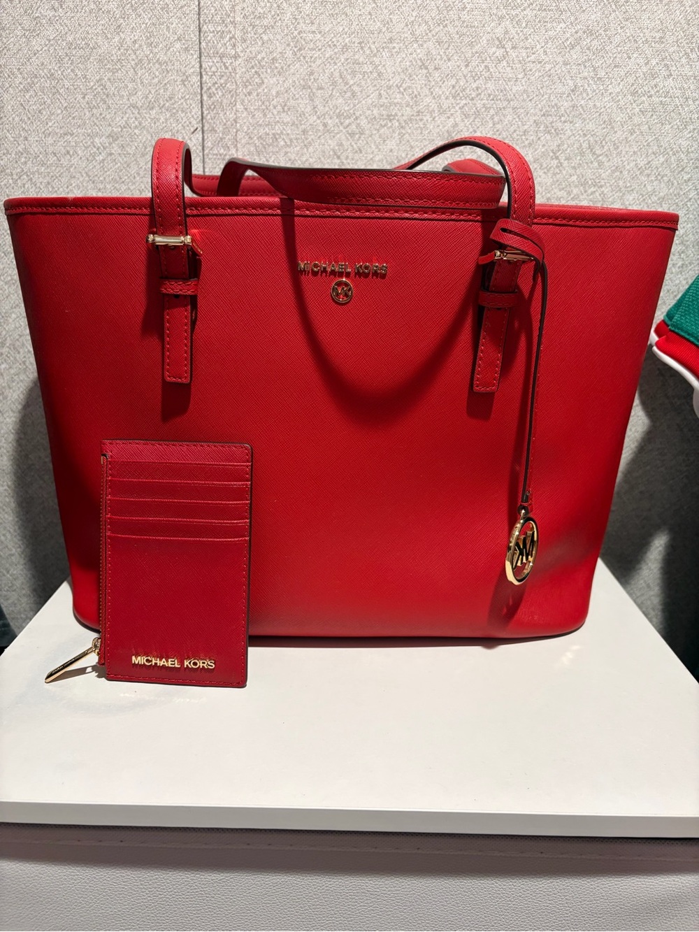 Michael Kors Red Saffiano Leather Tote with Card Case and Gold Hardware